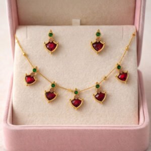 Traditional Ethnic Gold Plated Red Green Stone Necklace & Earrings Set for Women & Girls