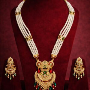 Traditional Antique Gold Long Pearl Necklace Set With Heavy Pendant and Matching Errings For Women & Girls