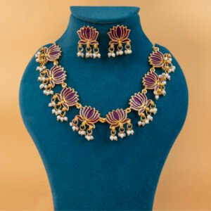 Purple Lotus Design Necklace With Earrings Set For Women And Girls