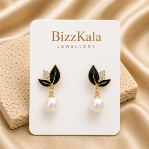 Black Leaf Pearl Drop Earrings for Women