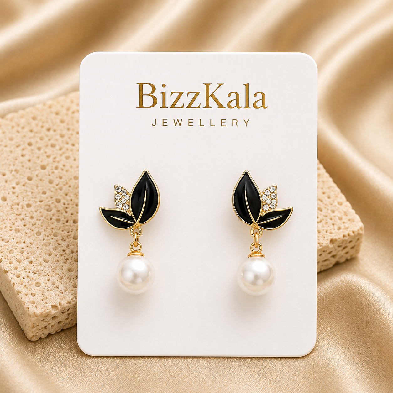 Black Leaf Pearl Drop Earrings for Women - Image 1
