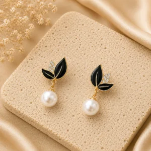 Black Leaf Pearl Drop Earrings for Women - Image 3