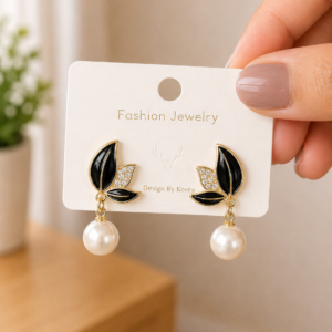 Black Leaf Pearl Drop Earrings for Women - Image 4