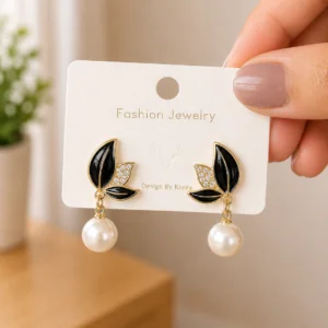 Black Leaf Pearl Drop Earrings for Women - Image 4