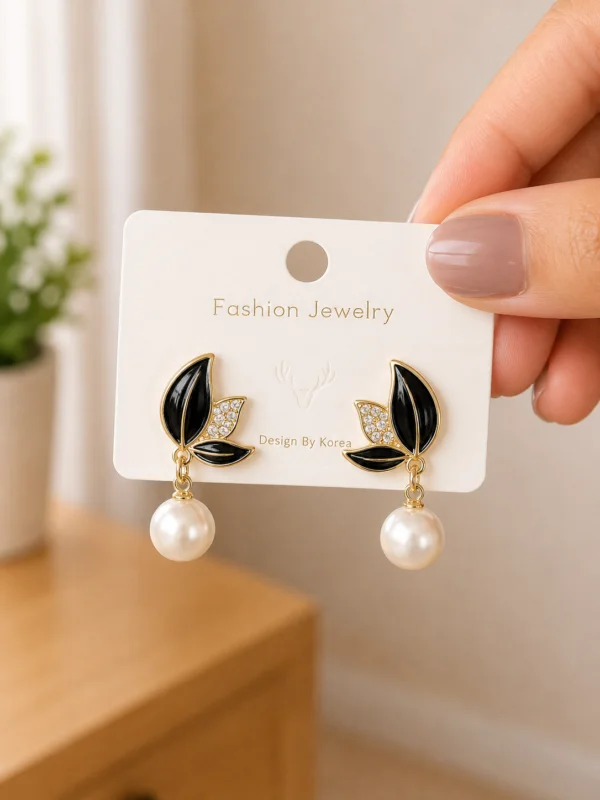 Black Leaf Pearl Drop Earrings for Women
