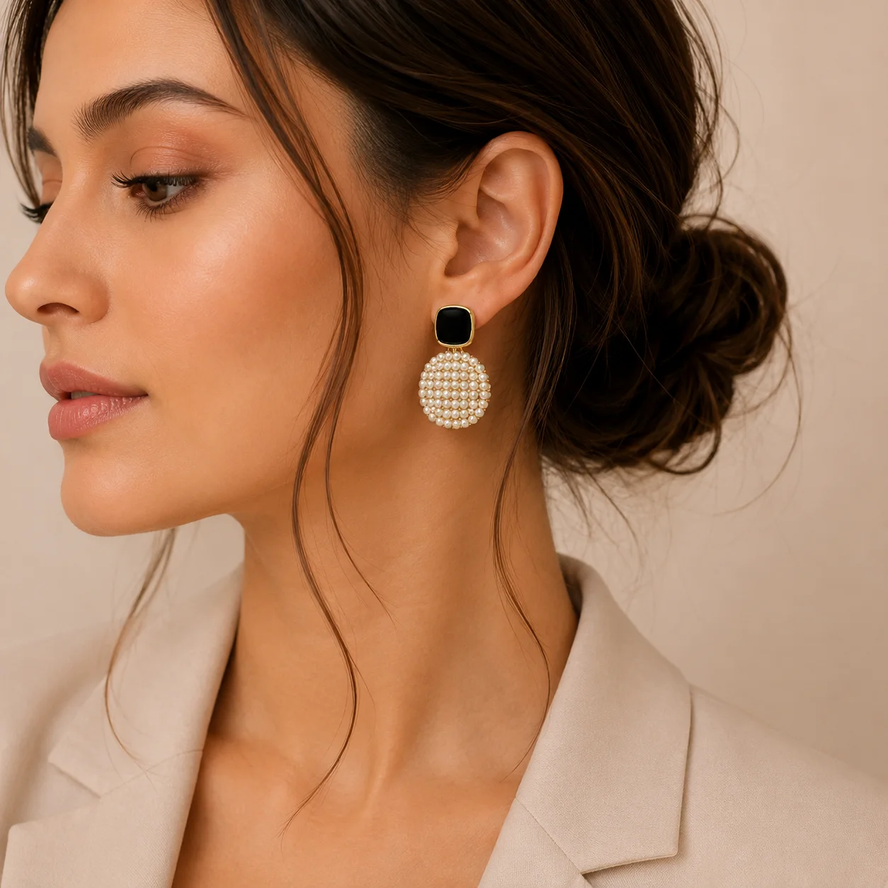 Black Pearl Disc Earrings for Women - Image 2
