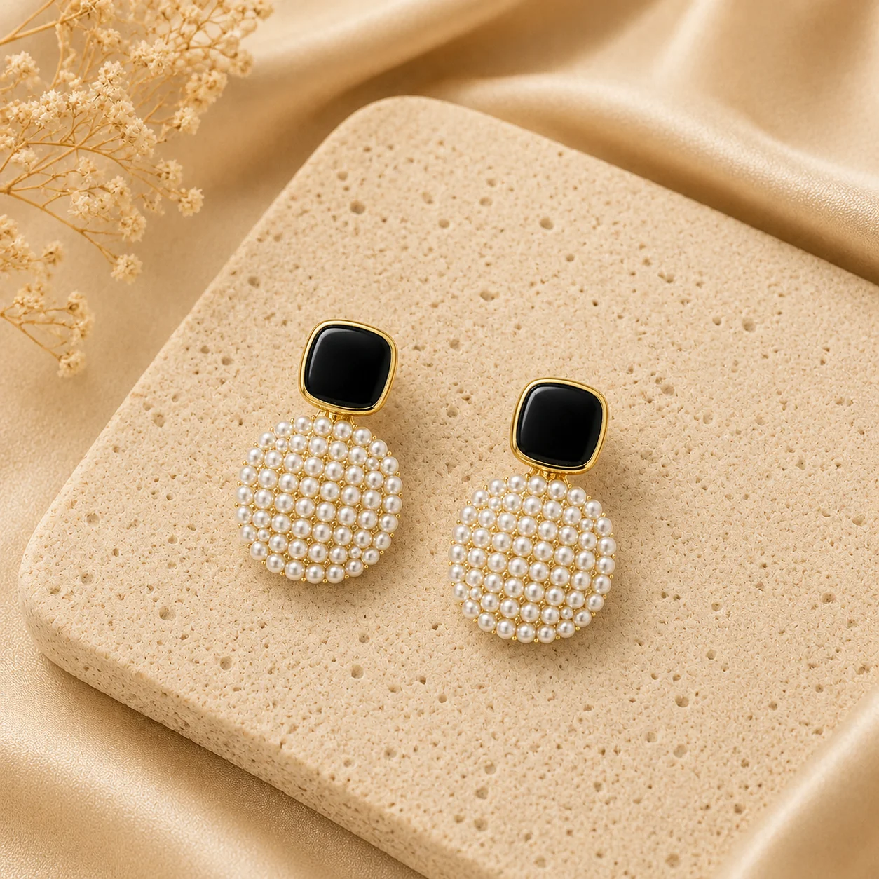 Black Pearl Disc Earrings for Women - Image 3