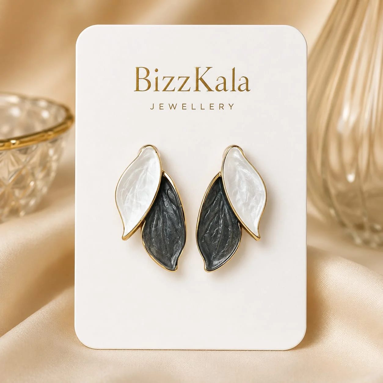 Black and White Enamel Leaf Earrings for Women - Image 1