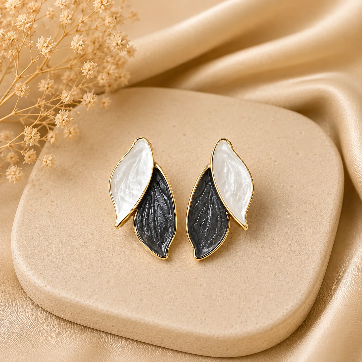 Black and White Enamel Leaf Earrings for Women - Image 3