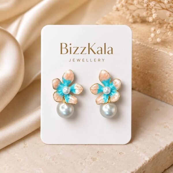 Blue and Peach Flower Pearl Drop Earrings for Women