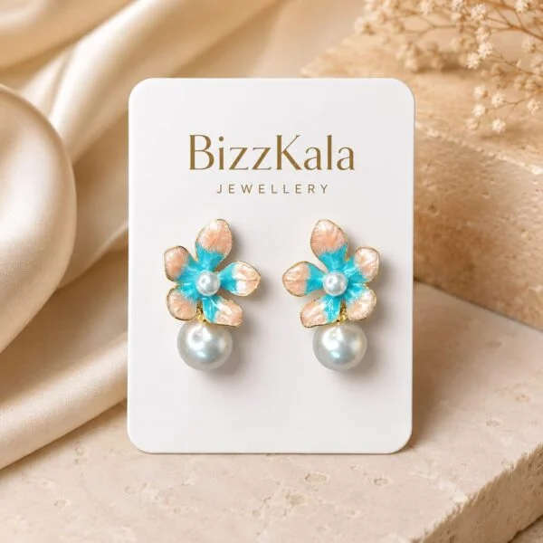 Blue and Peach Flower Pearl Drop Earrings for Women