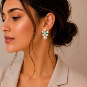 Blue and Peach Flower Pearl Drop Earrings for Women - Image 2