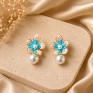 Blue and Peach Flower Pearl Drop Earrings for Women - Image 3
