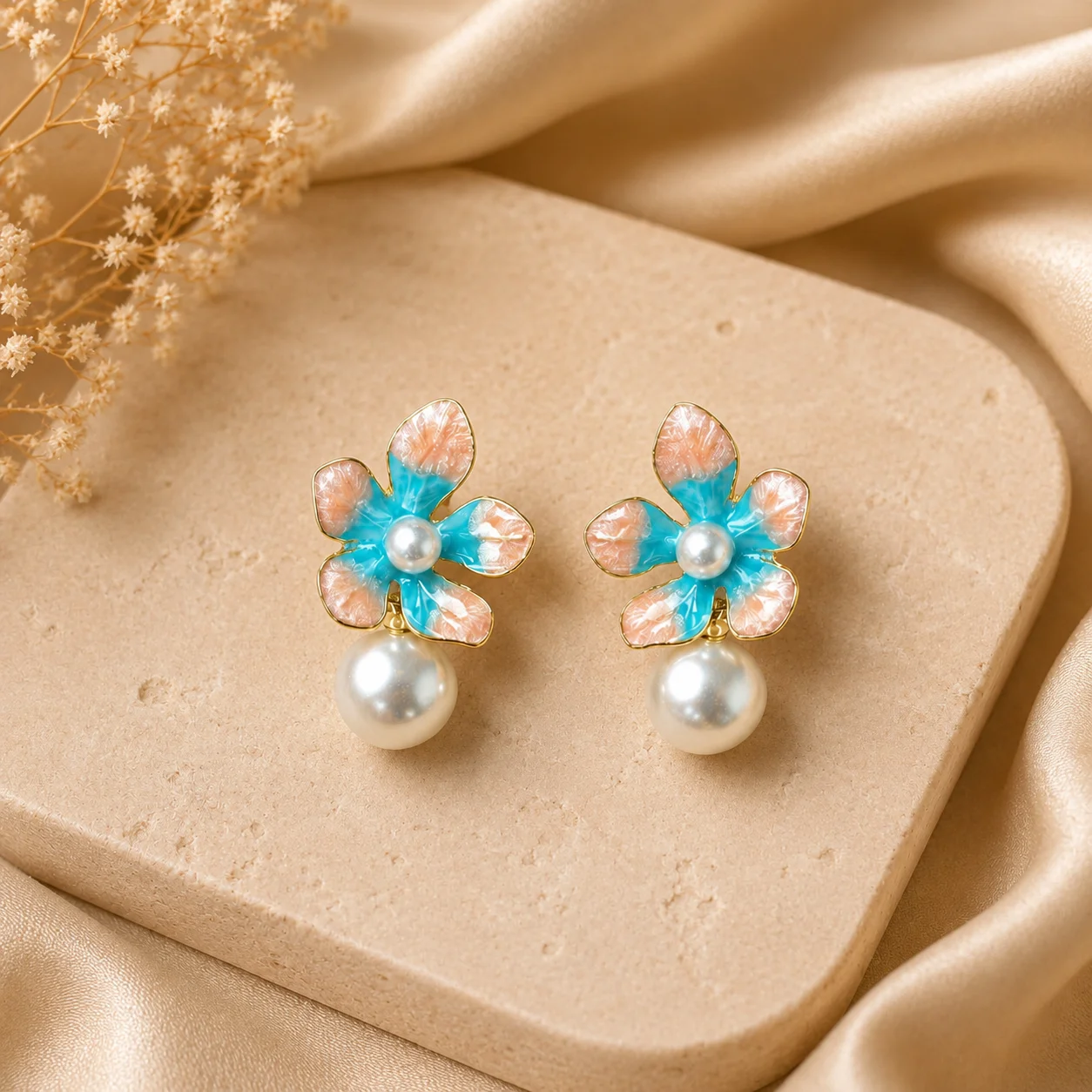 Blue and Peach Flower Pearl Drop Earrings for Women - Image 3