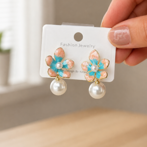 Blue and Peach Flower Pearl Drop Earrings for Women - Image 4