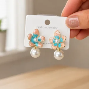 Blue and Peach Flower Pearl Drop Earrings for Women - Image 4