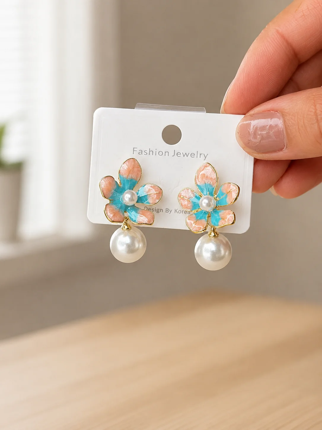 Blue and Peach Flower Pearl Drop Earrings for Women - Image 4
