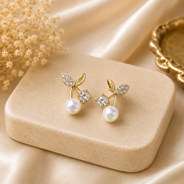 Crystal Leaf Pearl Stud Earrings for Women