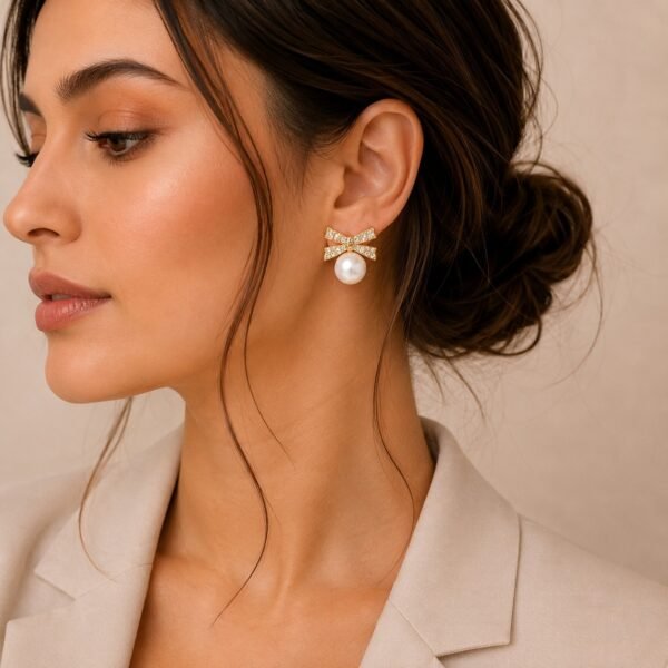 Crystal Bow Pearl Dangle Earrings for Women