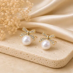 Crystal Bow Pearl Dangle Earrings for Women - Image 3