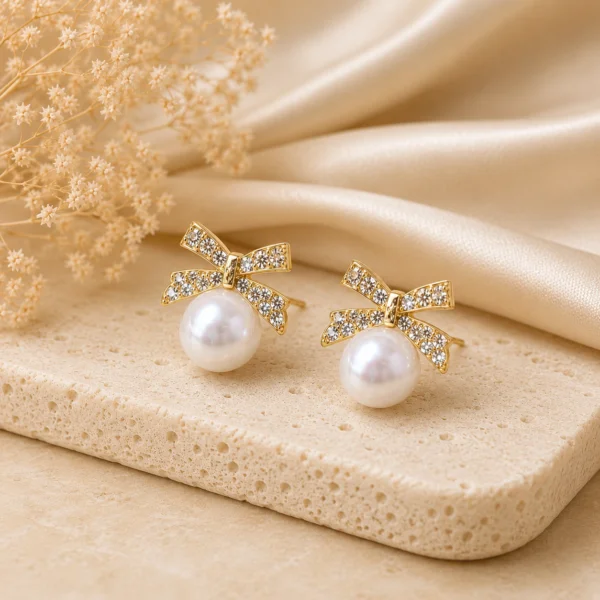 Crystal Bow Pearl Dangle Earrings for Women