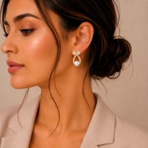 Crystal Bow Pearl Drop Earrings for Women - Image 2