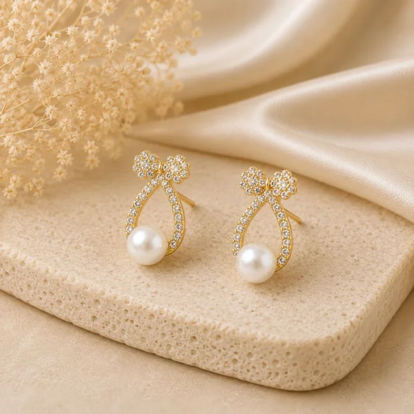Crystal Bow Pearl Drop Earrings for Women