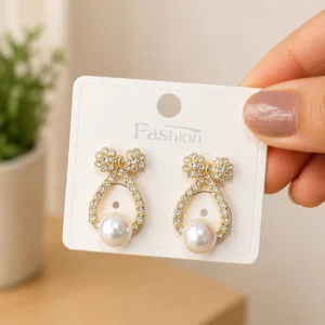 Crystal Bow Pearl Drop Earrings for Women - Image 4