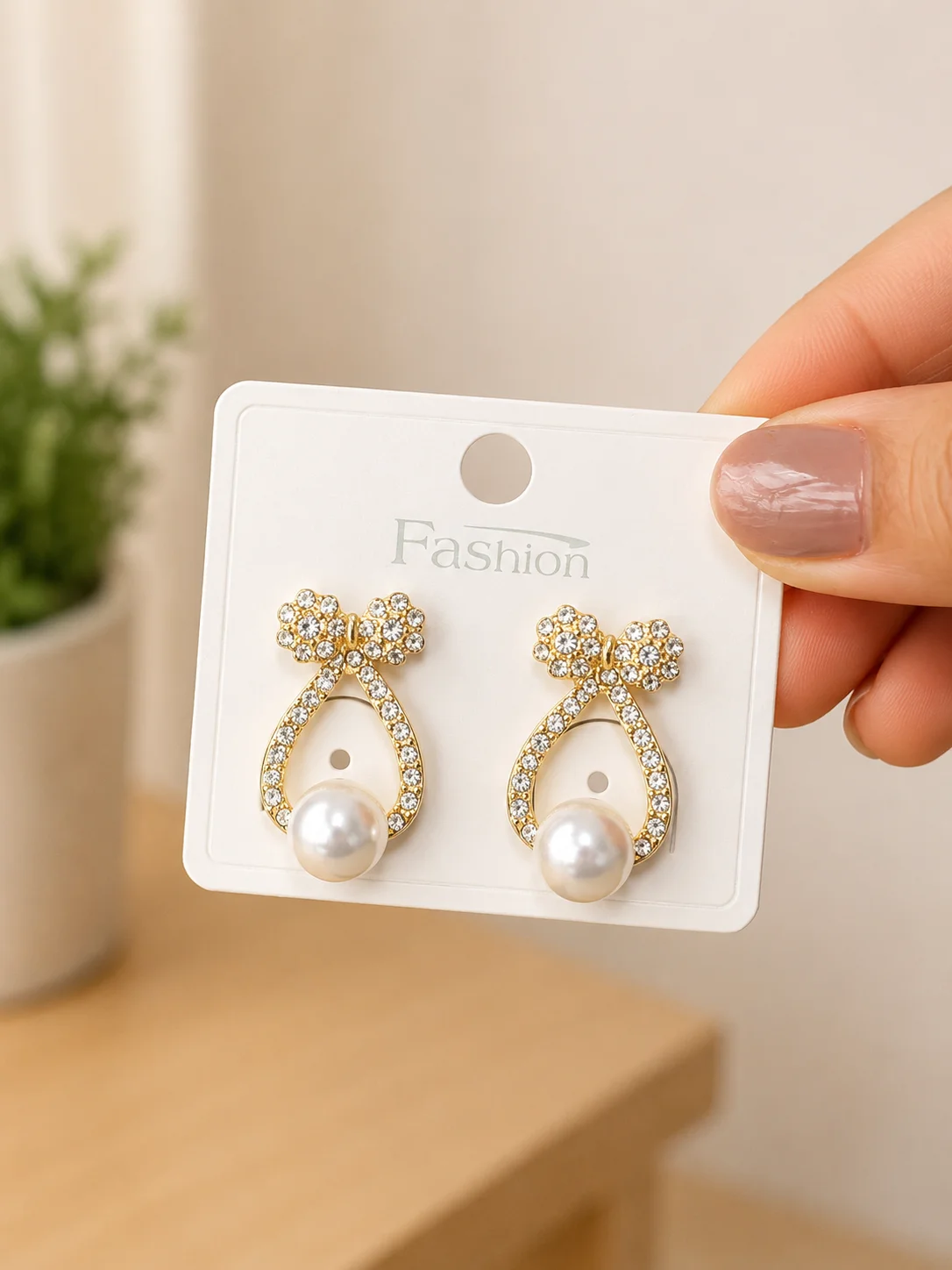 Crystal Bow Pearl Drop Earrings for Women - Image 4
