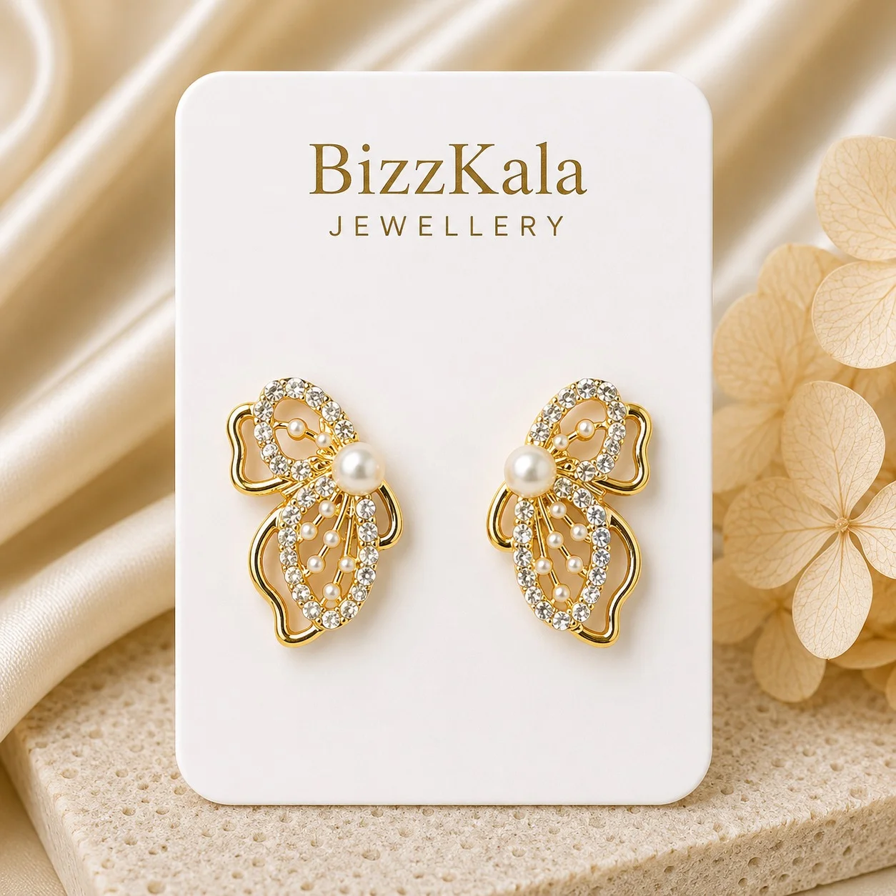 Crystal Butterfly Pearl Stud Earrings for Women - Image 1
