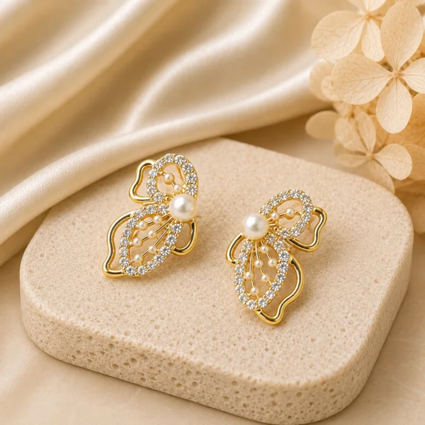 Crystal Butterfly Pearl Stud Earrings for Women