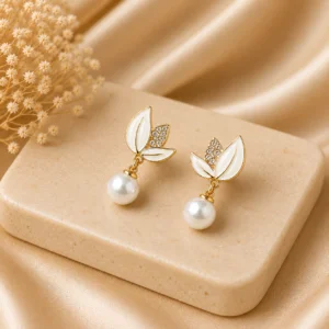 White Leaf Pearl Earrings for Women - Image 3