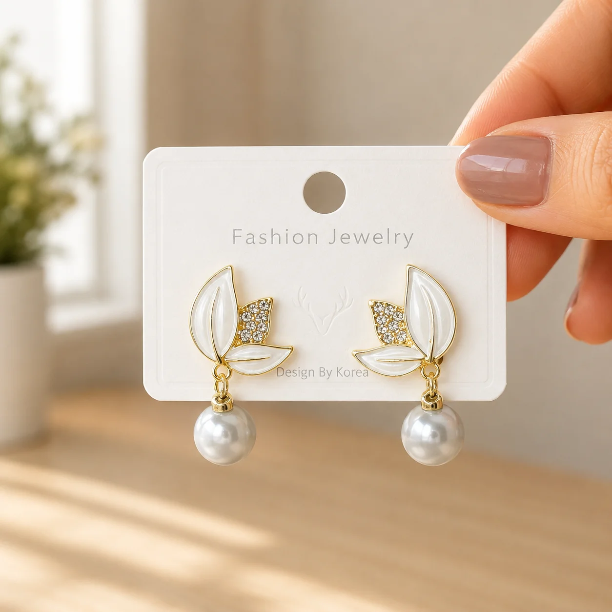 White Leaf Pearl Earrings for Women - Image 4