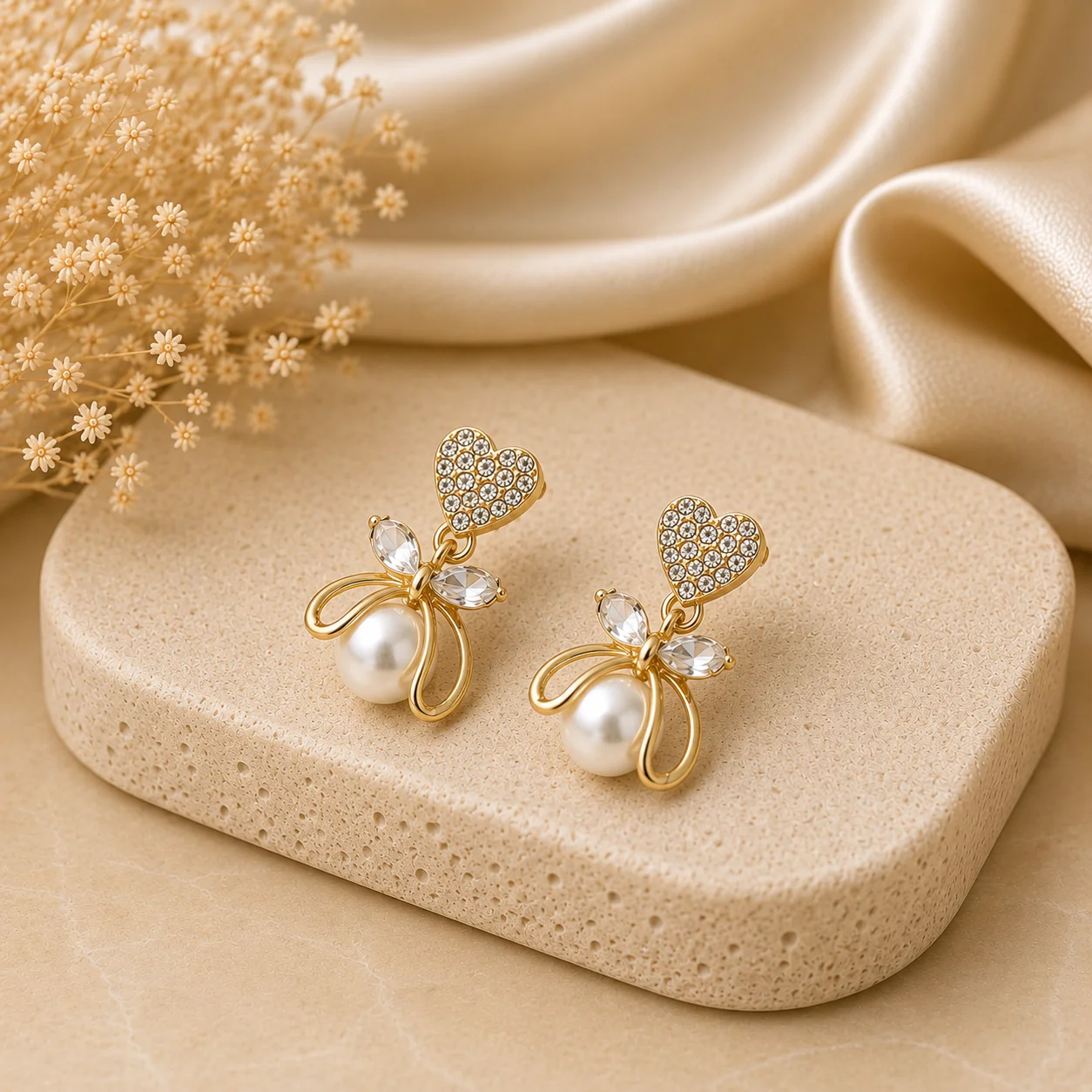 Crystal Heart Pearl Drop Earrings for Women - Image 3