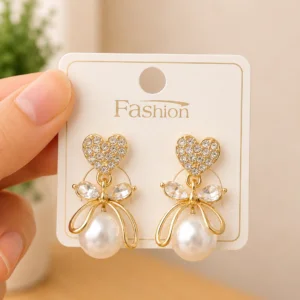 Crystal Heart Pearl Drop Earrings for Women - Image 4