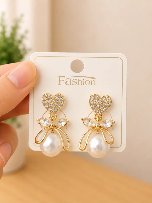 Crystal Heart Pearl Drop Earrings for Women