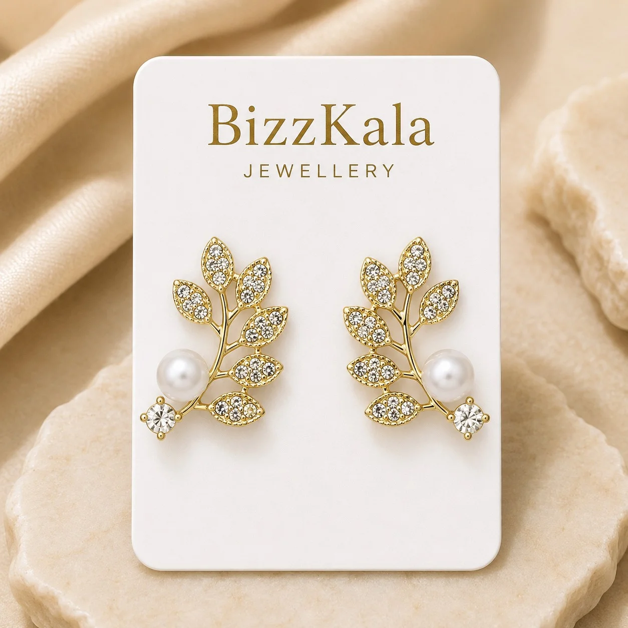 Crystal Leaf Branch Pearl Earrings for Women - Image 1