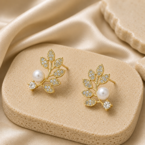 Crystal Leaf Branch Pearl Earrings for Women - Image 3