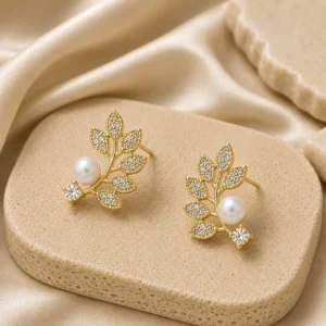 Crystal Leaf Branch Pearl Earrings for Women - Image 3
