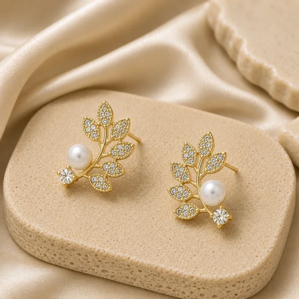 Crystal Leaf Branch Pearl Earrings for Women