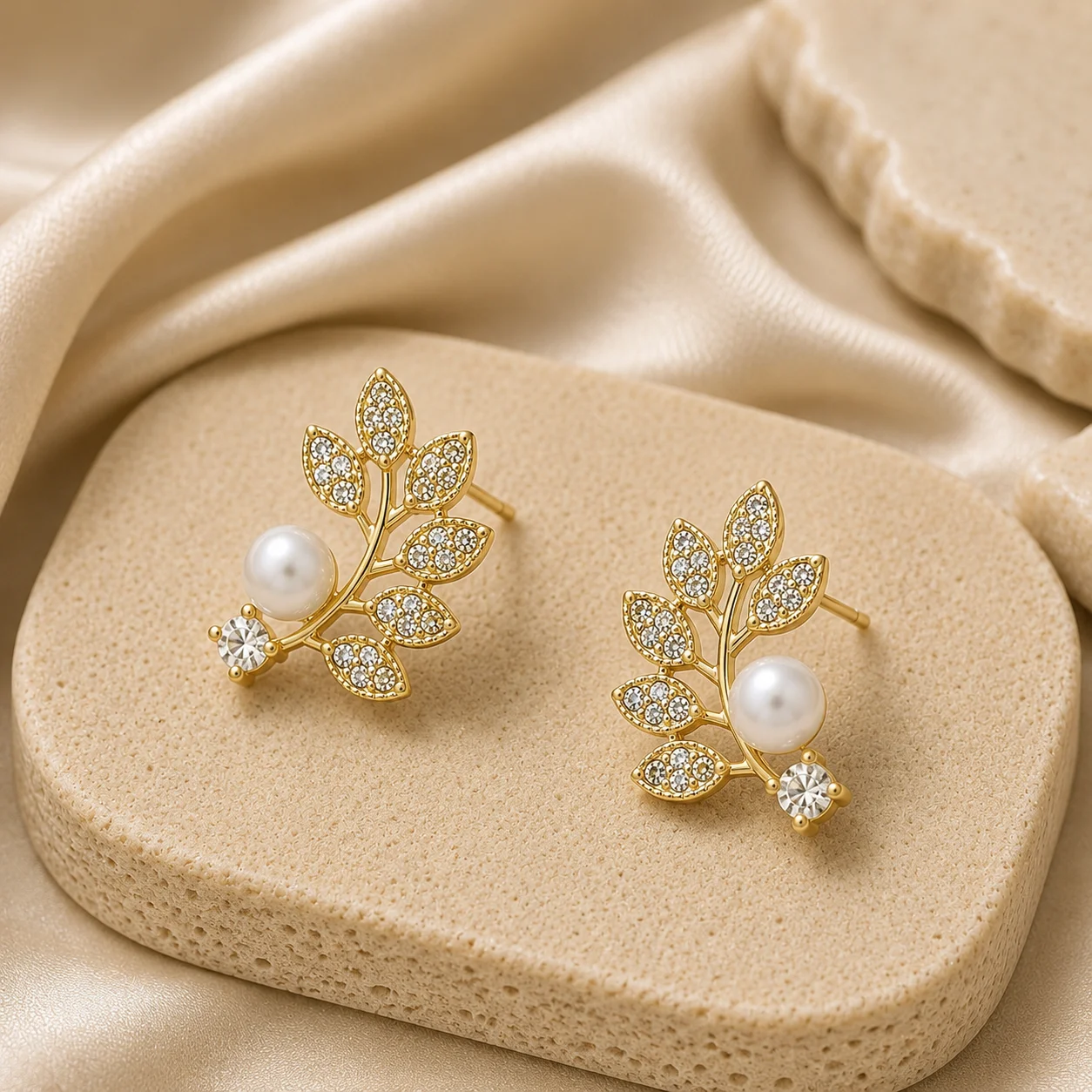 Crystal Leaf Branch Pearl Earrings for Women - Image 3