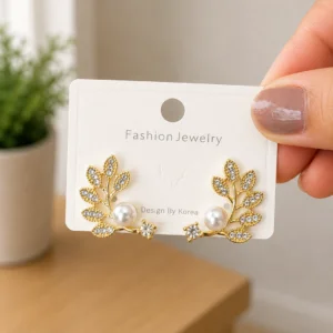 Crystal Leaf Branch Pearl Earrings for Women - Image 4