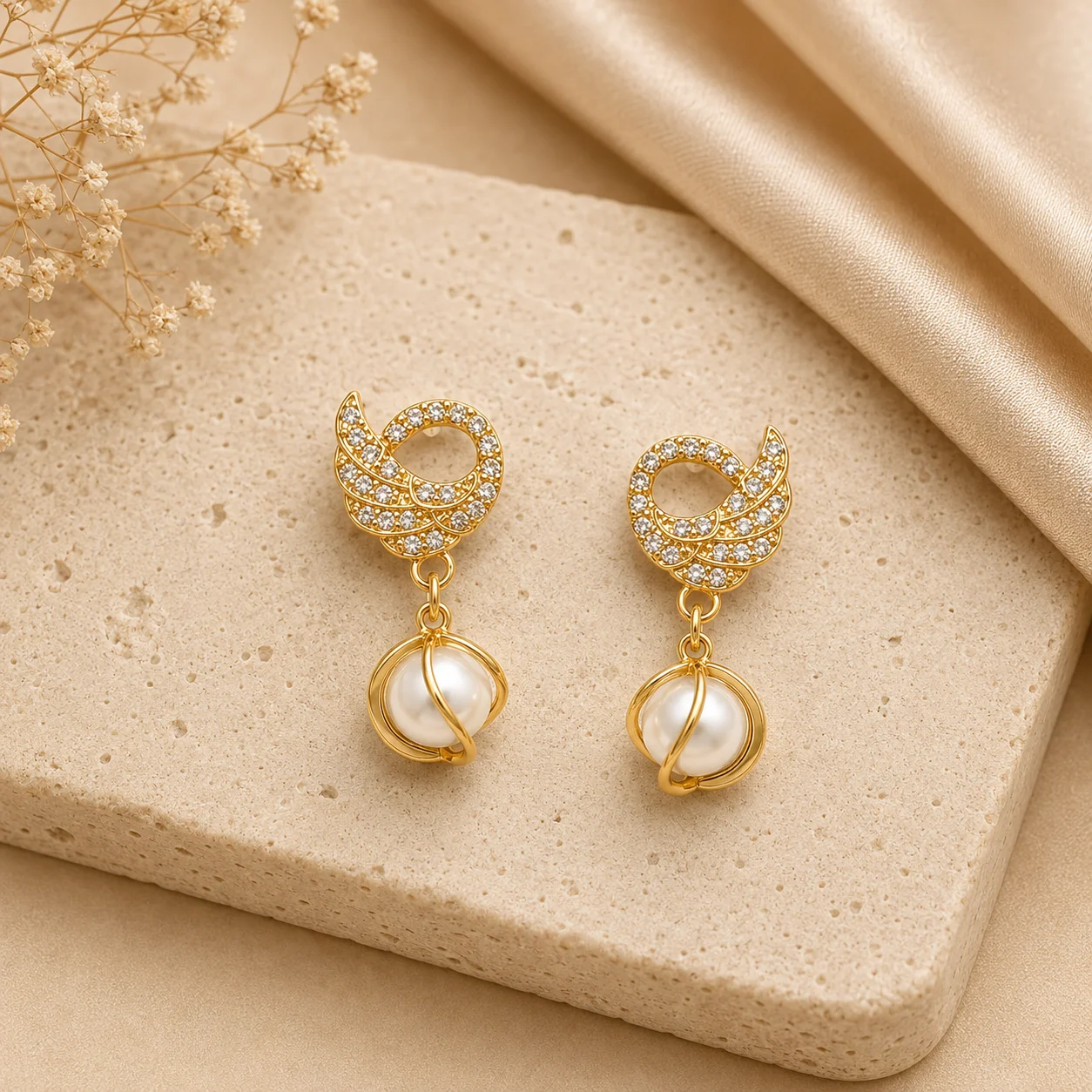 Crystal Leaf Pearl Drop Earrings for Women - Image 3
