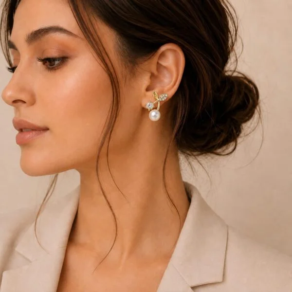 Crystal Leaf Pearl Stud Earrings for Women