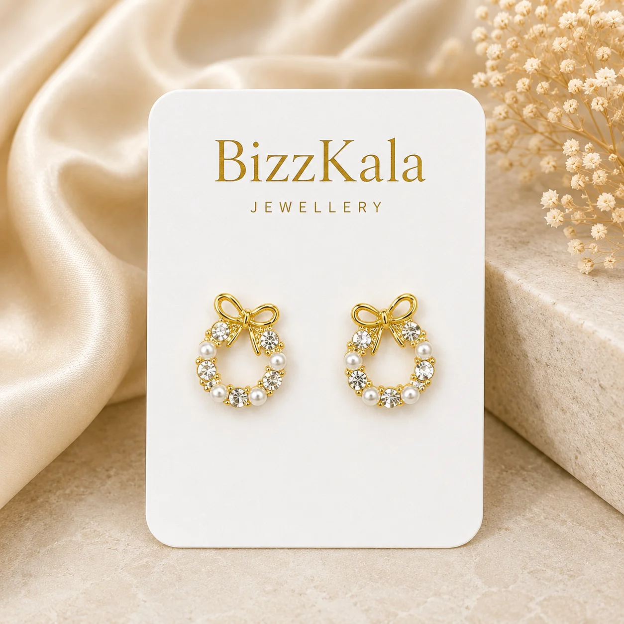 Crystal Pearl Bow Wreath Stud Earrings for Women - Image 1
