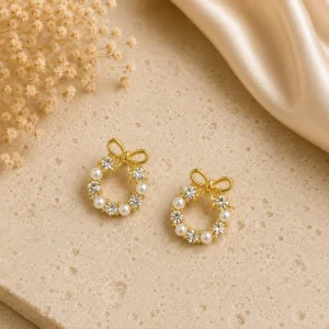 Crystal Pearl Bow Wreath Stud Earrings for Women - Image 3