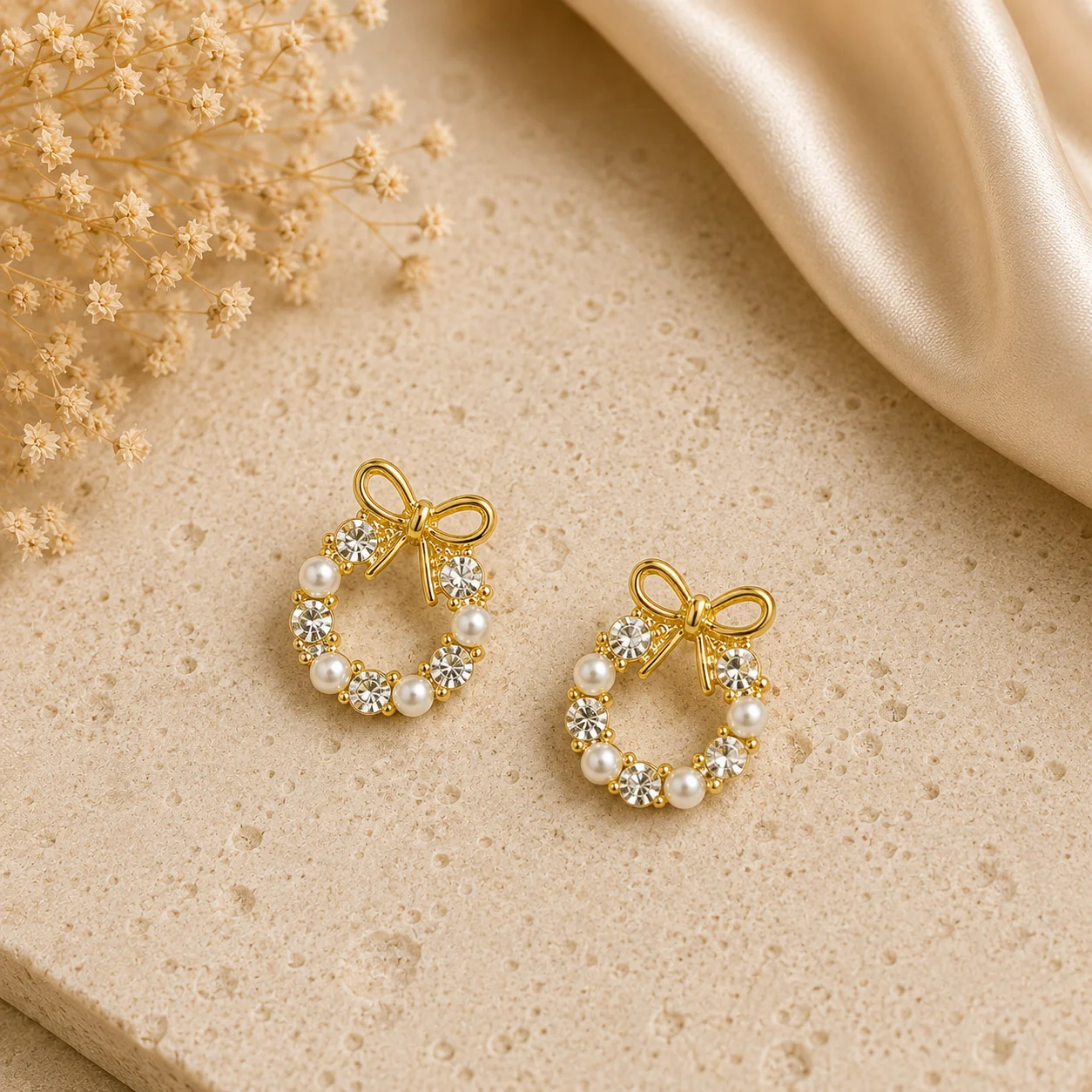 Crystal Pearl Bow Wreath Stud Earrings for Women - Image 3