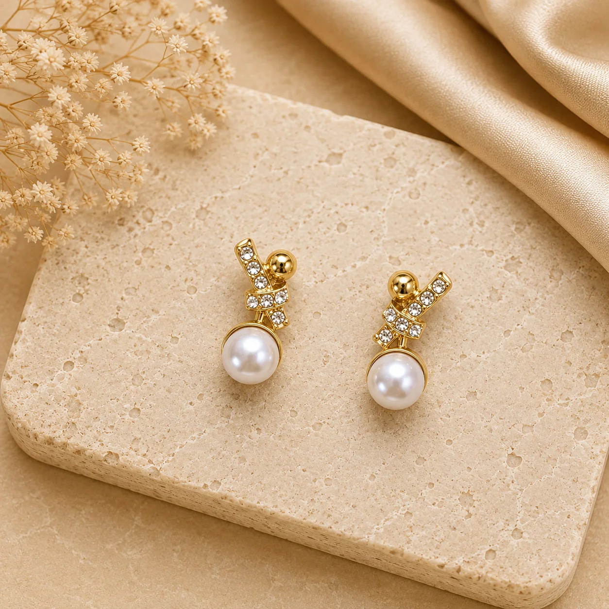 Crystal Ribbon Pearl Drop Earrings for Women - Image 3