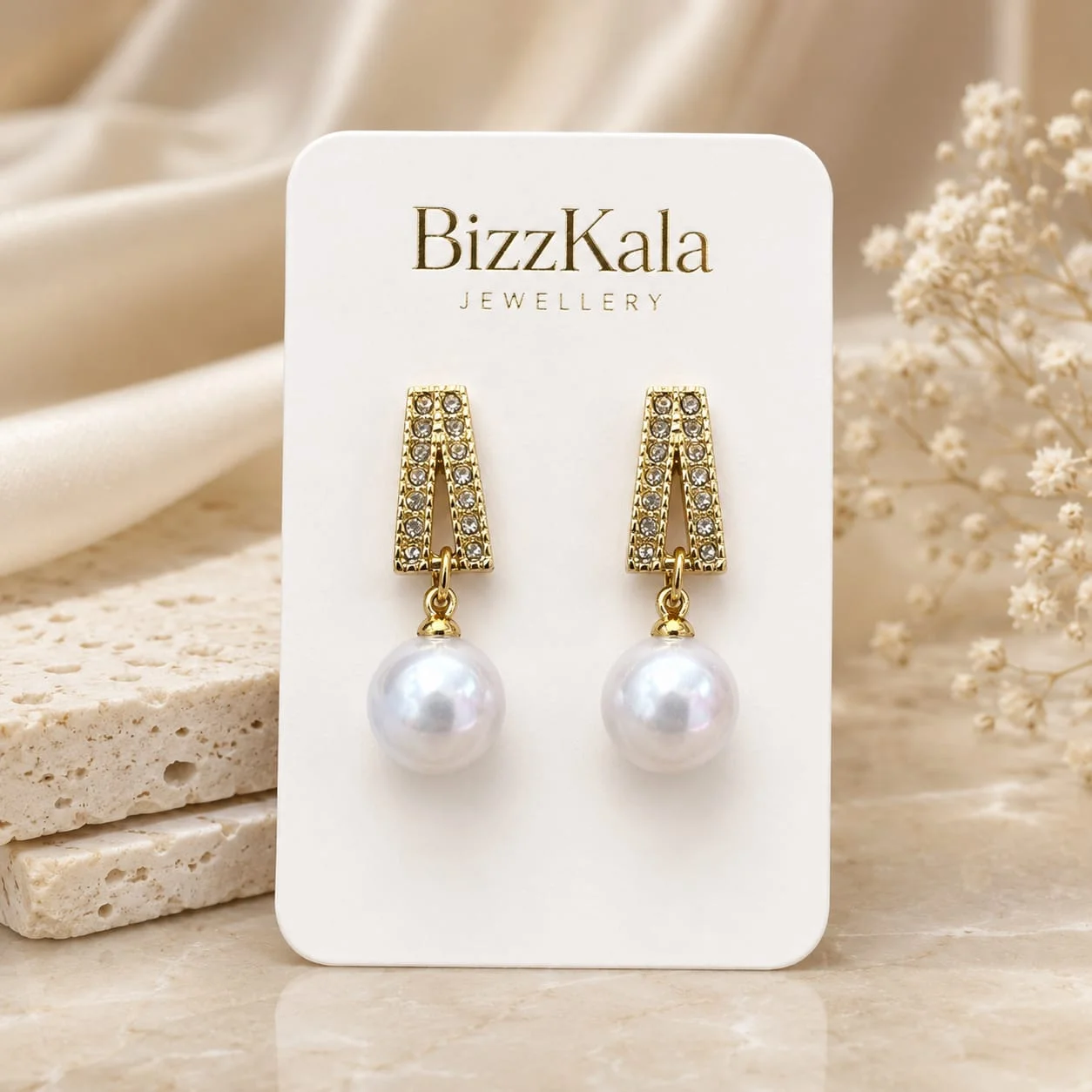 Crystal Triangle Pearl Drop Earrings for Women - Image 1
