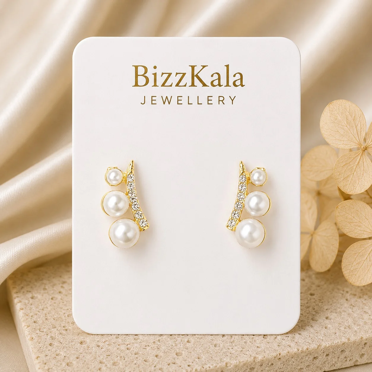 Curved Pearl Crystal Bar Earrings for Women - Image 1